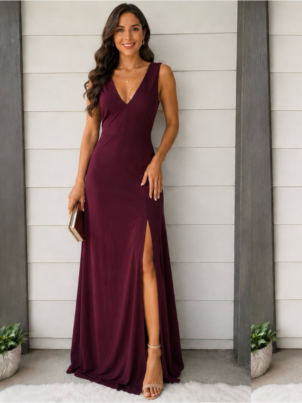 Birdy Grey Burgundy V-Neck Sleeveless Prom Gown with Side Slit - Picture 8 of 11